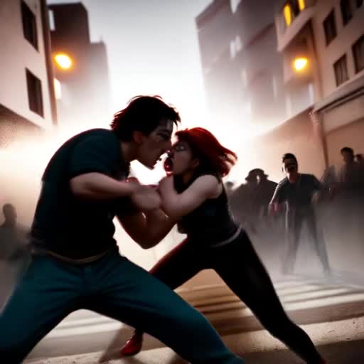 protective boyfriend defending girlfriend, adrenaline-fueled action, chaotic urban backdrop, onlookers gasping, dynamic fight choreography, realistic, gritty atmosphere, high-stakes emotion, detailed facial expressions, cinematic fight scene, dusk city lighting, raw and unfiltered encounter, fast-paced movement, by Edgar Wright and John Woo