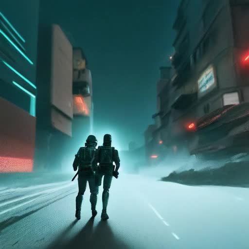 Couple stealthily navigating through dystopian landscape, evading futuristic enemy forces, tense atmosphere, action-packed, covert maneuvers, cybernetic adversaries looming, ruined city backdrop, edited found-footage style, high-stakes espionage, grainy surveillance-like footage, glitch effects, rapid transitions, ambient electronic soundtrack, desaturated color palette, low-key lighting, handheld camera perspective, by Neill Blomkamp-inspired, 4K resolution
