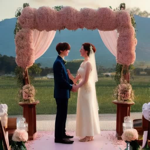 Kim Taehyung (BTS V) and me with fair complexion, exchanging vows, wedding attire, intimate gaze, floral arch in background, guests clapping, blush and gold wedding theme, sunset ambiance, gentle smile, laughter, tears of joy, holding hands, cinematic wedding film, heartwarming moment, soft focus, by Annie Leibovitz and Norman Rockwell, 4K video quality