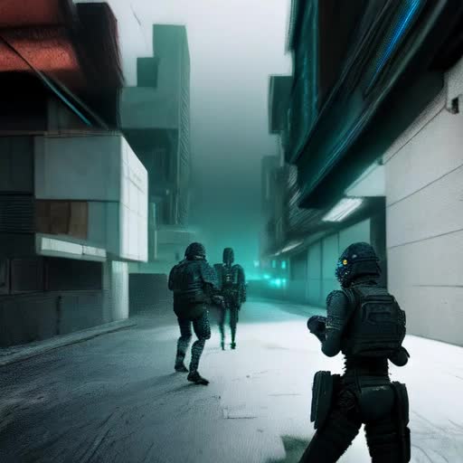 Couple stealthily navigating through dystopian landscape, evading futuristic enemy forces, tense atmosphere, action-packed, covert maneuvers, cybernetic adversaries looming, ruined city backdrop, edited found-footage style, high-stakes espionage, grainy surveillance-like footage, glitch effects, rapid transitions, ambient electronic soundtrack, desaturated color palette, low-key lighting, handheld camera perspective, by Neill Blomkamp-inspired, 4K resolution