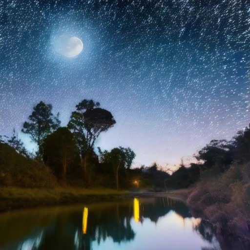 Moonlit serene landscape, twinkling stars, gentle stream, fireflies, nocturnal animals, soothing night ambience, timelapse of the night sky, calming animation, soft lullaby background music, high-definition, cinematic quality, subtle moonlight reflections on water