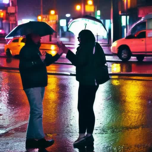 Intense emotional exchange, two people in a rain-soaked city street at night, street lamps casting a dramatic glow, reflections on wet pavement, scattered autumn leaves, close-up of sorrowful expressions, contrasting warm and cool tones, cinematic feel, scene unfolds in slow motion to capture the gravity of the moment, hint of a neon sign flickering