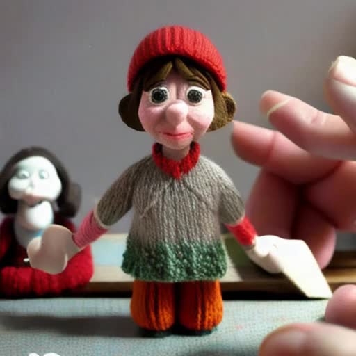 animated stop motion clay character named Hobbi, whimsical expression, engaging in various crafting hobbies, knitting, and woodworking, handmade texture, warm cozy lighting, detailed miniature crafting tools and materials, lifelike fluid movements, by Aardman Animations, 4K resolution, continuous loop video