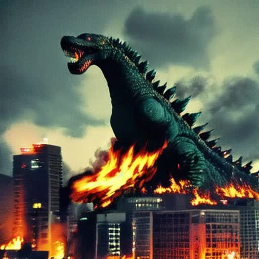 Gargantuan Godzilla rampaging through Tokyo, flames engulfing the cityscape, ominous night sky lit by firelight, citizens fleeing in terror, military jets zooming by, hyper-detailed destruction, dynamic movement, smoke and debris filling the air, colossal roar echoing, cinematic, by ILM, widescreen format, continuous shot, 4K video