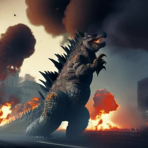 Photographic, extremely high quality high detail RAW photo, Godzilla mid-rampage in Tokyo, billowing smoke, streets in chaos, fleeing crowds, fiery explosions, military helicopters, dramatic, dusk lighting, perspective from ground level looking up, apocalyptic atmosphere, rendered in the style of Hideo Kojima and concept art by Ryan Church