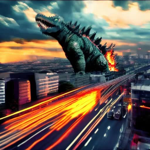 Monstrous Godzilla rampaging through Tokyo, fires ablaze, chaos in city streets, citizens fleeing in terror, military jets streaking across the sky, dynamic action perspective, smoky atmosphere, fiery explosions, neon city lights flickering, dark stormy sky backdrop, cinematic destruction scene, photorealistic animation, by Industrial Light & Magic, high-frame-rate, 4K resolution, sound design of roars and city clamor, panoramic sweeping shots