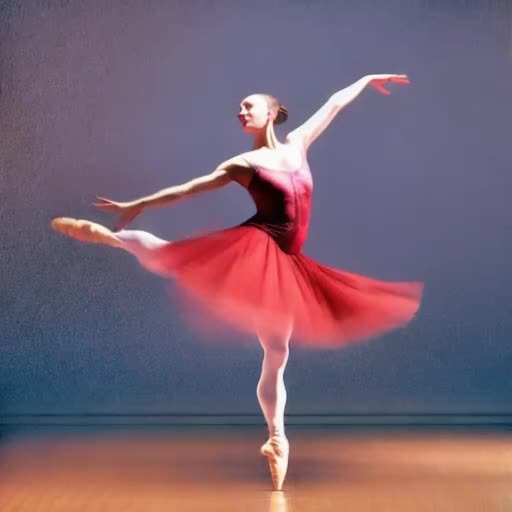 Graceful dancer captivates on hardwood floor, flowing dress twirling amid dynamic ballet moves, expressive and elegant, soft ambient lighting enhances delicate features, high-definition slow-motion video capture, fluidity in every frame, immersive perspective, by Edgar Degas and Zena Holloway