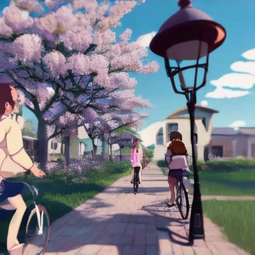 College campus during spring, Janet and Bikey strolling, Instagram-themed overlay showing their blossoming conversation, heart emojis floating up, quaint ice cream parlor scene, Bikey presenting a strawberry ice cream to Janet, whimsical expressions of joy and surprise on Janet's face, radiant dawn lighting, enchanted romantic atmosphere, digital animation, by Makoto Shinkai and Studio Ghibli, cinematic wide-angle view