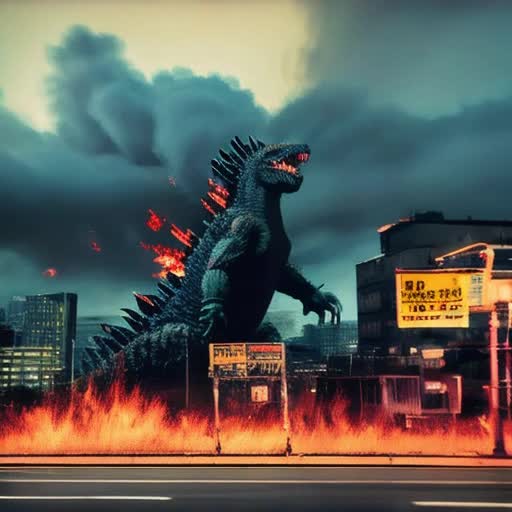 Monstrous Godzilla rampaging through Tokyo, fires ablaze, chaos in city streets, citizens fleeing in terror, military jets streaking across the sky, dynamic action perspective, smoky atmosphere, fiery explosions, neon city lights flickering, dark stormy sky backdrop, cinematic destruction scene, photorealistic animation, by Industrial Light & Magic, high-frame-rate, 4K resolution, sound design of roars and city clamor, panoramic sweeping shots