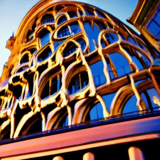 Architecture of city by Gaudi, Barcelona, Spain, golden hour, dramatic angle, extreme angle shot, casual photo, deliberate2