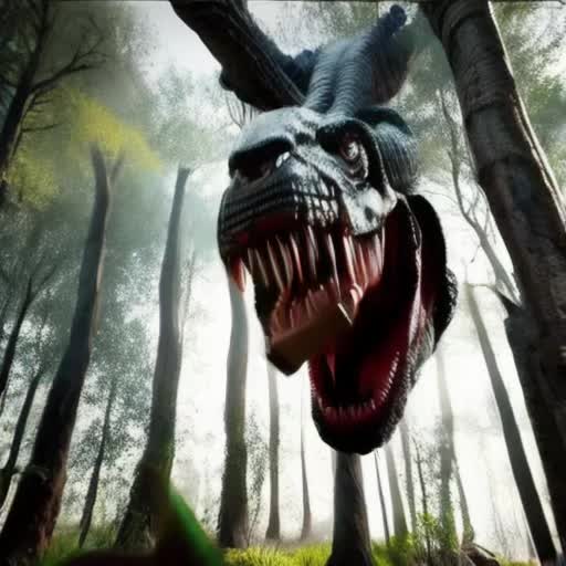 menacing pose, mid-roar, subtle motion with swaying trees, mist surrounding, primeval atmosphere, Amber and emerald light filtering through canopy, intricate scales on T-Rex, dynamic camera angle from below, cinematic quality, by Stan Winston Studio, loopable short clip, 8K resolution, hyper-realistic animation