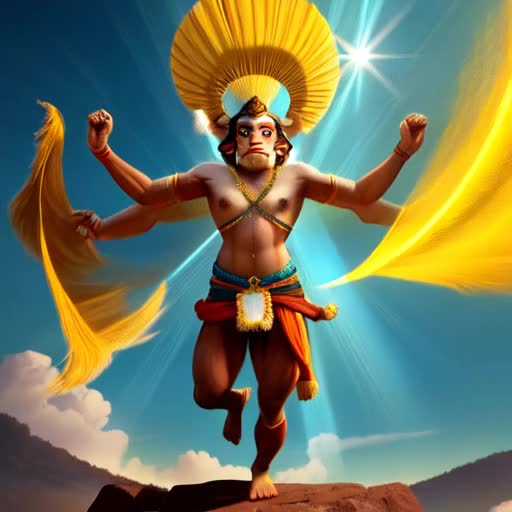 Hanuman leaping from hilltop, powerful stance mid-jump, reaching towards the sky, dynamic motion , hyper-detailed fur, ancient Indian mythological theme, sun rays piercing through, majestic and spirited, divine aura, 8K cinematic video, high frame rate, by Raja Ravi Varma-inspired art style