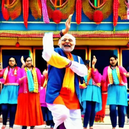 Narendra Modi joyfully dancing, in the courtyard of Modi University, students and faculty joining, festive atmosphere, colorful decorations, lively music, clear blue sky, daytime, detailed architecture of Modi University backdrop, 4K resolution video, by Anurag Basu style dance sequence