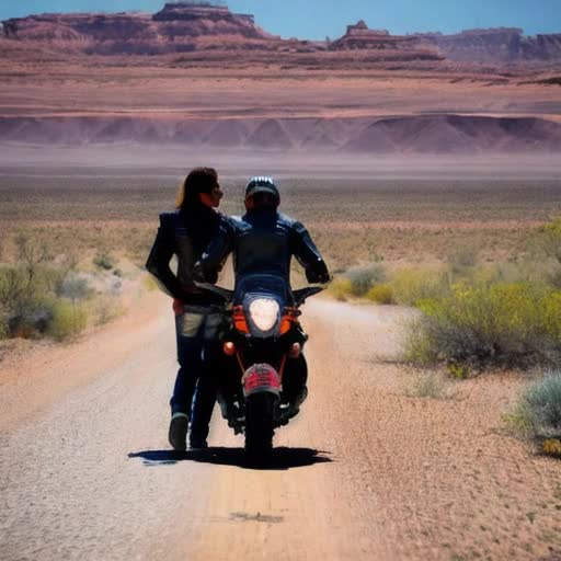 Couple on cross-country motorcycle adventure, open road stretching ahead, dusty desert landscape, American Southwest vibe, leather jackets, windswept hair, sense of freedom, panoramic view, story of love and exploration, digital video, dynamic camera angles