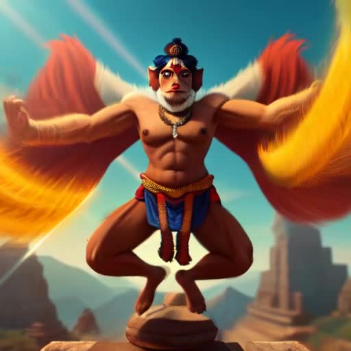 Hanuman leaping from hilltop, powerful mid-jump stance, reaching skyward, dynamic, hyper-detailed fur, ancient Indian mythological theme, sun rays piercing, majestic, spirited, divine aura, 8K cinematic video, high frame rate, inspired by Raja Ravi Varma techniques