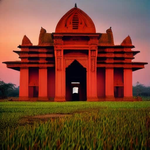 Odisha temples at sunset, deep red terracotta hues, intricate carvings, ancient architecture, lush green paddy fields under crimson skies, vivid, photorealistic style, warm and inviting lighting, cinematic wide-angle shot, by Steve McCurry