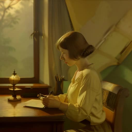 Objects scattered in antique study, warm mahogany desk, inkwell, quill, parchment, candlelight flickering, emerald green walls, amber-hued ambient lighting, Subject: mature scholar writing a letter, contemplating, looking out the window pensively, dusk setting in, soft golden sun rays filtering in, sepia-toned color palette, Time-lapse, 1920x1080 resolution, nostalgic atmosphere, silent film era visual effects, by Edward Hopper and Johannes Vermeer