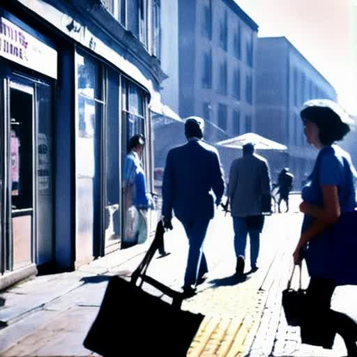 urban street scene, cobalt blue tote bag, casual attire, pedestrians, storefronts, Modern architecture, animated motion, ambient city sounds, gentle breeze, dynamic walking pace, first-person perspective, sundrenched, candid street photography, by Henri Cartier-Bresson