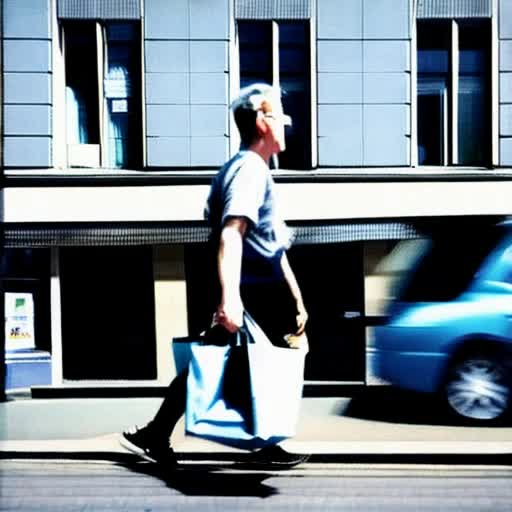 urban street scene, cobalt blue tote bag, casual attire, pedestrians, storefronts, Modern architecture, animated motion, ambient city sounds, gentle breeze, dynamic walking pace, first-person perspective, sundrenched, candid street photography, by Henri Cartier-Bresson