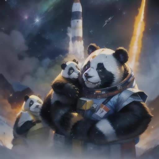 Melancholic panda in astronaut suit, large teardrop rolling down furry cheek, heartfelt farewell to panda family, backdrop of colossal rocket ship, plumes of pre-launch smoke, ethereal starry space horizon, slight motion, touching emotional scene, 4K animation, Pixar-inspired