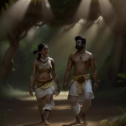 Warrior Ram and Goddess Sita trek through dense jungle, flanked by Laxman, troop of monkey men adorned in traditional dhoti, dynamic, on a quest, ancient Indian epic ambiance, intricate jewelry, sunbeams piercing through the canopy, Hanuman visible in the background, movement in every frame, realistic animation,cinematic 4k resolution, recorded on RED Digital Cinema Camera