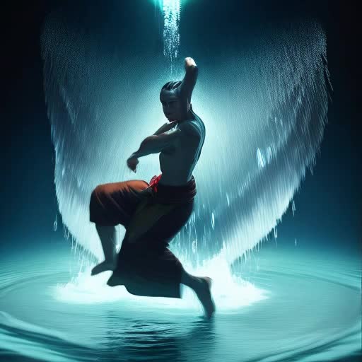 Waterbender in dynamic pose, streams of swirling crystal blue water ejecting from palms, intense focus in eyes, traditional water tribe attire, water droplets suspended in mid-air catching light, elemental magic, action-packed, cinematic lighting, 4K resolution, extreme detail, by Fenghua Zhong and Hyung-Tae Kim