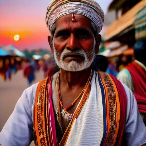 Photographic, extremely high quality high detail RAW photo, man in traditional Indian attire, intricate patterns, dynamic pose, expressive face, street festival background with lights and decorations, cultural significance, sunset ambiance, rich textures, by Steve McCurry