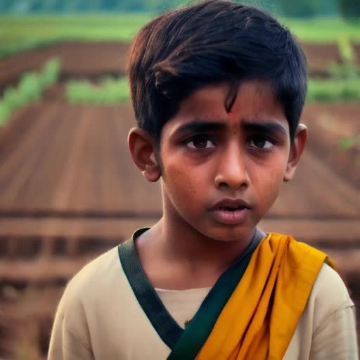 Boy speaking Hindi, traditional Indian attire, rural backdrop, expressive face, ambient evening light, cinematic 4K video, natural sound, continuous shot, cultural essence, medium close-up