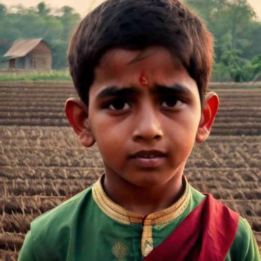 Boy speaking Hindi, traditional Indian attire, rural backdrop, expressive face, ambient evening light, cinematic 4K video, natural sound, continuous shot, cultural essence, medium close-up
