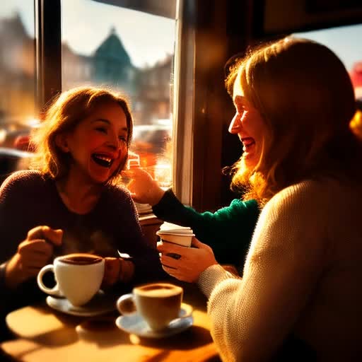 Friends engaged in lively conversation over coffee, reminiscing about recent holiday adventures, expressive hand gestures, laughter, warm and cozy café ambiance, cups of steaming cappuccino, candid, intimate, film still, cinéma vérité style, golden hour sunlight filtering through window