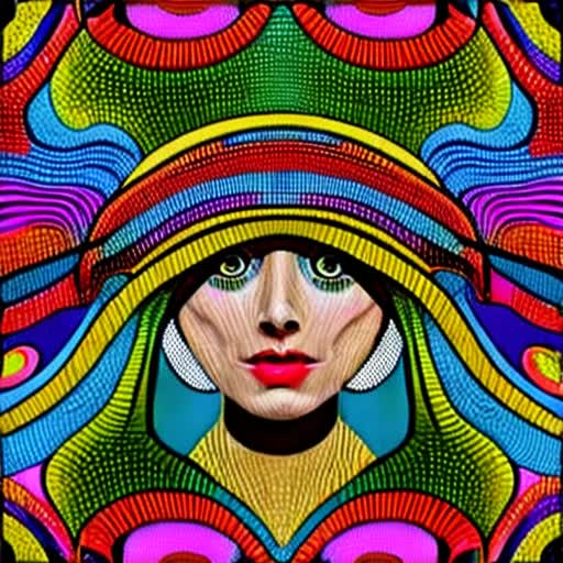 Psychedelic Fractal of The Posh Lady of Ascot. She has a face with 8 eyes and is wearing a big hat neon rainbow in the style of stained glass