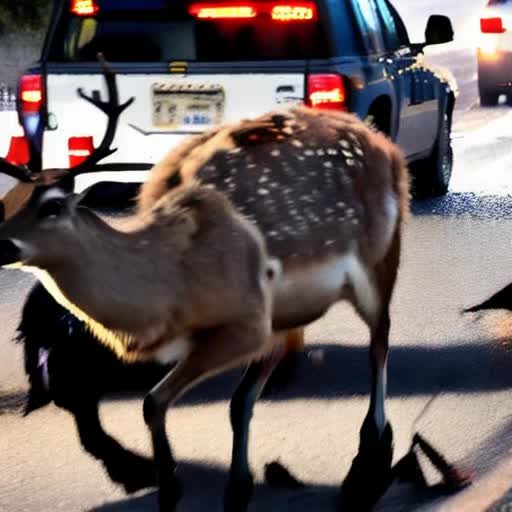 pursued by multiple police vehicles, dramatic evasion maneuvers, imminent collision, wild deer unexpectedly sprints into road, impact moment, chaotic debris cloud, cinematic, action-packed, high adrenaline, imminent sense of danger, wide-angle shot, extremely high quality high detail RAW photo, dusk lighting, fast-paced, by Michael Bay