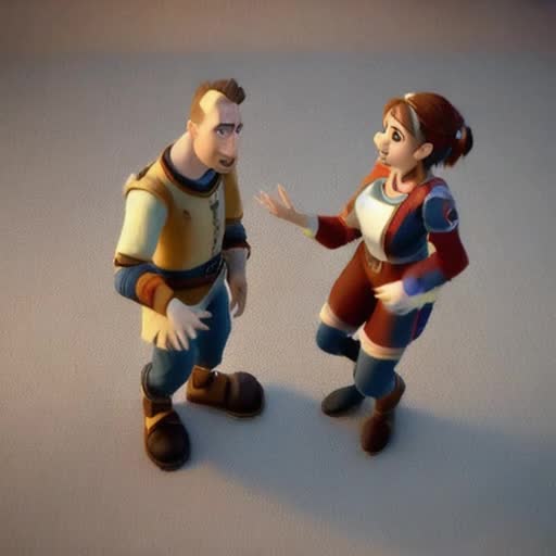 two characters deep in animated conversation, expressive body language, players in a role-playing game, ambient warm lighting, richly textured wooden interiors, flickering candlelight, in-game avatars, emotive facial expressions, dynamic camera angles, high-definition 3D render, cinematic cutscene, loopable dialogue scene, fantasy-inspired costumes, by Pixar and Blizzard Entertainment
