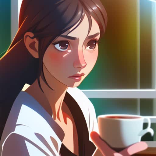 ambient coffee shop background, urban fashion style, animated expression, relaxed posture, 4K video, realistic character animation, subtle movements, natural light filtering through windows, soft background chatter and clinking cups, close-up shot