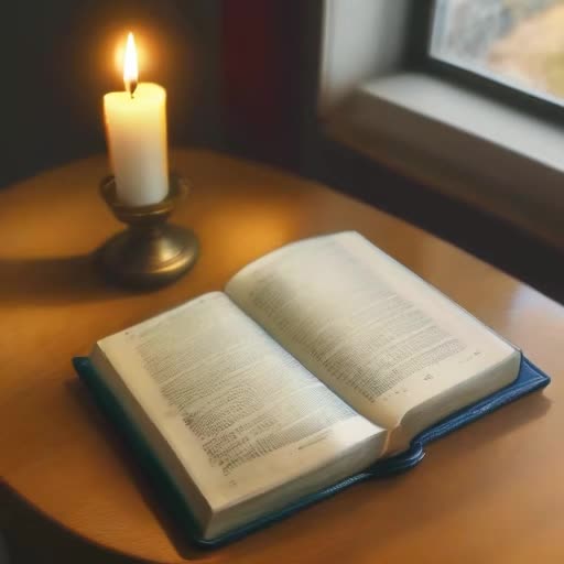 A Bible is spread out on a table with a lighted candle nearby, near an open window