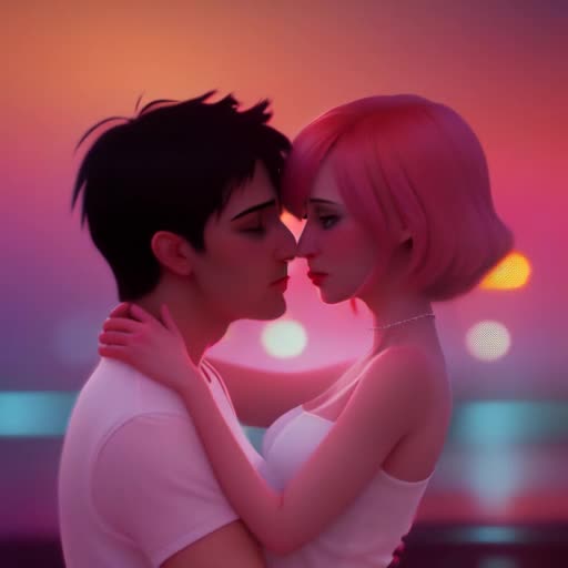 silhouette against vivid orange and pink sky, affectionate and tender moment, soft-focus background with bokeh lights, by Thomas Kinkade and Rob Hefferan, cinematic slow-motion video, 8k resolution