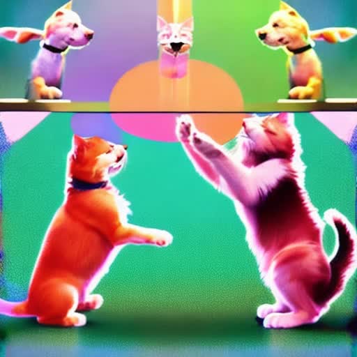 Animated loop sequence, dog, cat, dancing together, joyful expressions, synchronized moves, playful background music rhythm, 1920x1080,  24fps, fluid animation, dynamic camera angles, pastel color palette, soft shadows