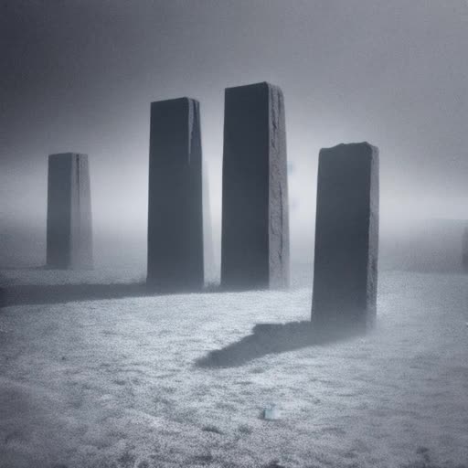 cryptic monoliths, haunting fog, shadowy figures in distance, desolate landscape, eerie ambiance with soft wind sound, muted color palette with cold hues, slow panning video, high-resolution 4k