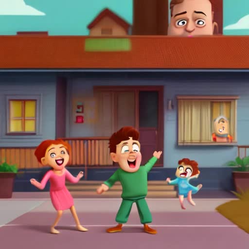 Animated cartoon-style characters, exaggerated expressions and movements, family-friendly, continuous loop video, smooth 2D animation, humorous interactions, background scene shifting between city park and cozy interior of house, cheerful background music, playful antics, resolution 1920x1080px