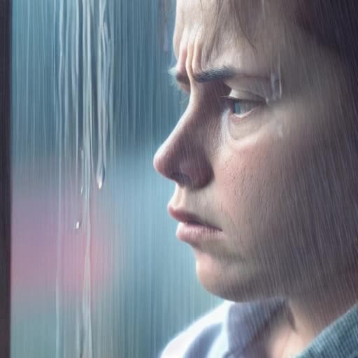 Gut-wrenched protagonist comprehending rejection despite empathic connection, illusion of telepathy shattering, somber atmosphere, subdued lighting, raindrops on window symbolic of inner turmoil, close-up, high-definition video sequence, heartbreak and introspection themes, cinematic