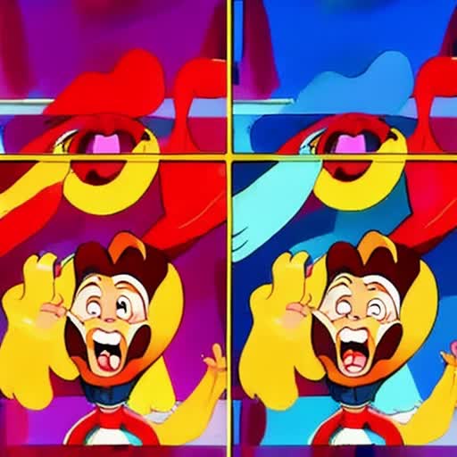 Animated transformation sequence, real-life footage morphing into cartoon style, frame-by-frame transition, bright, saturated colors, smooth, high frame rate, exaggerated character features, slapstick humor elements, 2D traditional animation effect, by Tex Avery and Chuck Jones