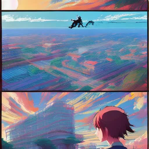 Animated scene in anime style, dynamic action sequences, high frame rate, fluid character movement, crisp line art, detailed backgrounds, expressive faces, with intricately designed costumes, dramatic lighting, sunrise cityscape, by Makoto Shinkai and Studio Ghibli