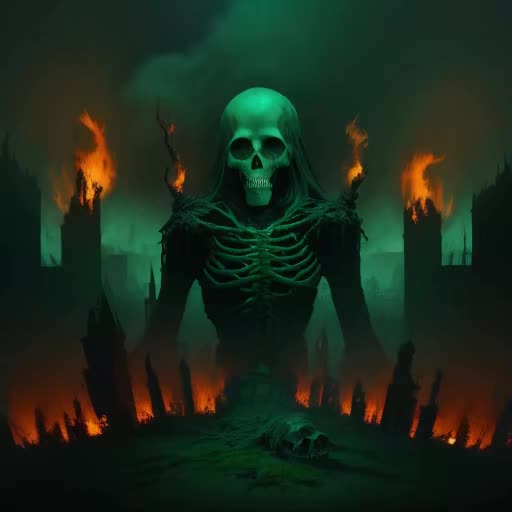 Dread lich, undead dominion in ruins, engulfed in sinister flames, dystopian landscape, Skeletal figure in regal attire, gnarled staff topped with a crystal skull, Undeterred, superiority, dominance, burning city below, skulls strewn about, Gothic architecture in decay, billowing smoke and eerie, greenish firelight, dark, moody. Color palette: emerald green, black, hints of burning red and orange, macabre and brooding atmosphere, by Brom and H.R. Giger