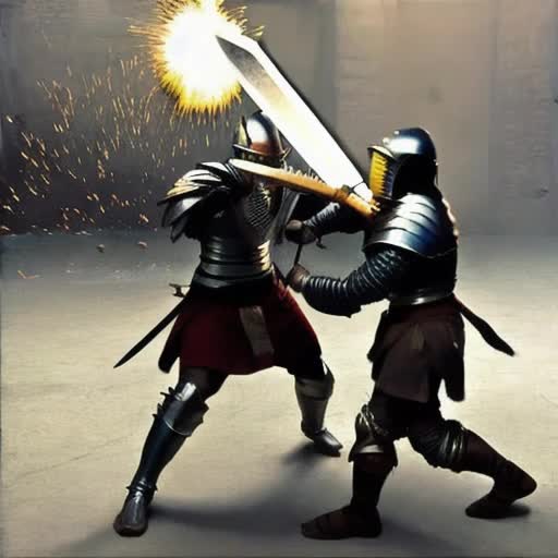 Intense sword duel between two male warriors, clashing steel, dynamic action, mid-swing and parry maneuvers, medieval armor glistening, sparks flying from the impact, fierce facial expressions, cinematic battle scene, dusk lighting casting long shadows, historical epic, detailed and realistic, by Frank Frazetta and Caravaggio