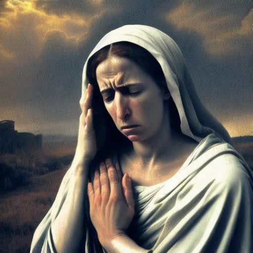 Christ on cross, anguished expression, Mary weeping at His feet, sorrowful, period-accurate Roman attire, dusty Calvary hill backdrop, stormy sky, somber mood, cinematic slow-motion effect, high-res historical Biblical scene, by Caravaggio-inspired lighting