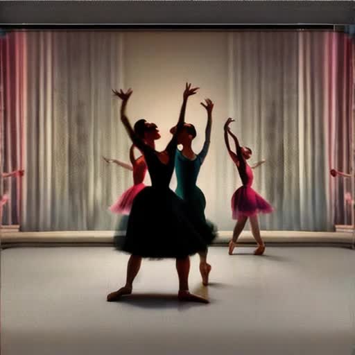 Animated sequence of graceful dancers in flowing dresses, ballet performance, elegantly synchronized movements, on a grand stage with velvet curtains, spotlight on the lead dancer, soft ambient lighting, audience silhouettes in foreground, rendered in the style of an oil painting, 60 fps, high-definition