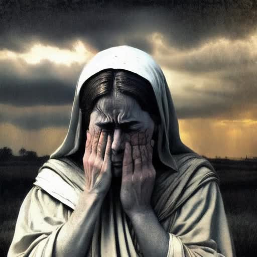 Christ on cross, anguished expression, Mary weeping at His feet, sorrowful, period-accurate Roman attire, dusty Calvary hill backdrop, stormy sky, somber mood, cinematic slow-motion effect, high-res historical Biblical scene, by Caravaggio-inspired lighting