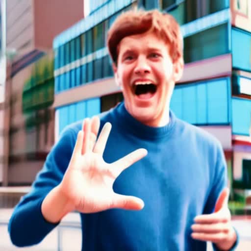 Enthusiastic greeting, lively waving hand gesture, friendly facial expression, waving character, modern urban backdrop, slow-motion, high-definition animated sequence