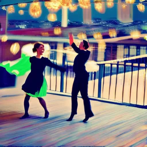 Two joyful friends dancing energetically, mid-twirl, captured in motion, dynamic poses, lively expressions, intimate rooftop setting, string lights casting a warm, city skyline background, festive atmosphere, continuous loop, 4K cinematic quality, smooth transitional movements, timeless joy, by Edgar Degas and Henri de Toulouse-Lautrec
