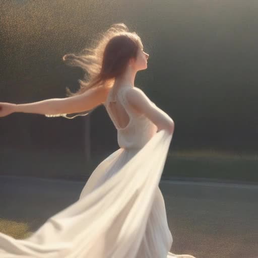 Extremely high quality, high detail, RAW photo, elegant woman, translucent gown, ethereal beauty, flowing fabric catching light, delicate lace detailing, sun-kissed skin, graceful pose, serene expression, soft backlighting creating halo effect, natural outdoor setting, gentle wind, subtle movement of dress, pastel color palette, early morning light, by Annie Leibovitz and Art Nouveau inspiration
